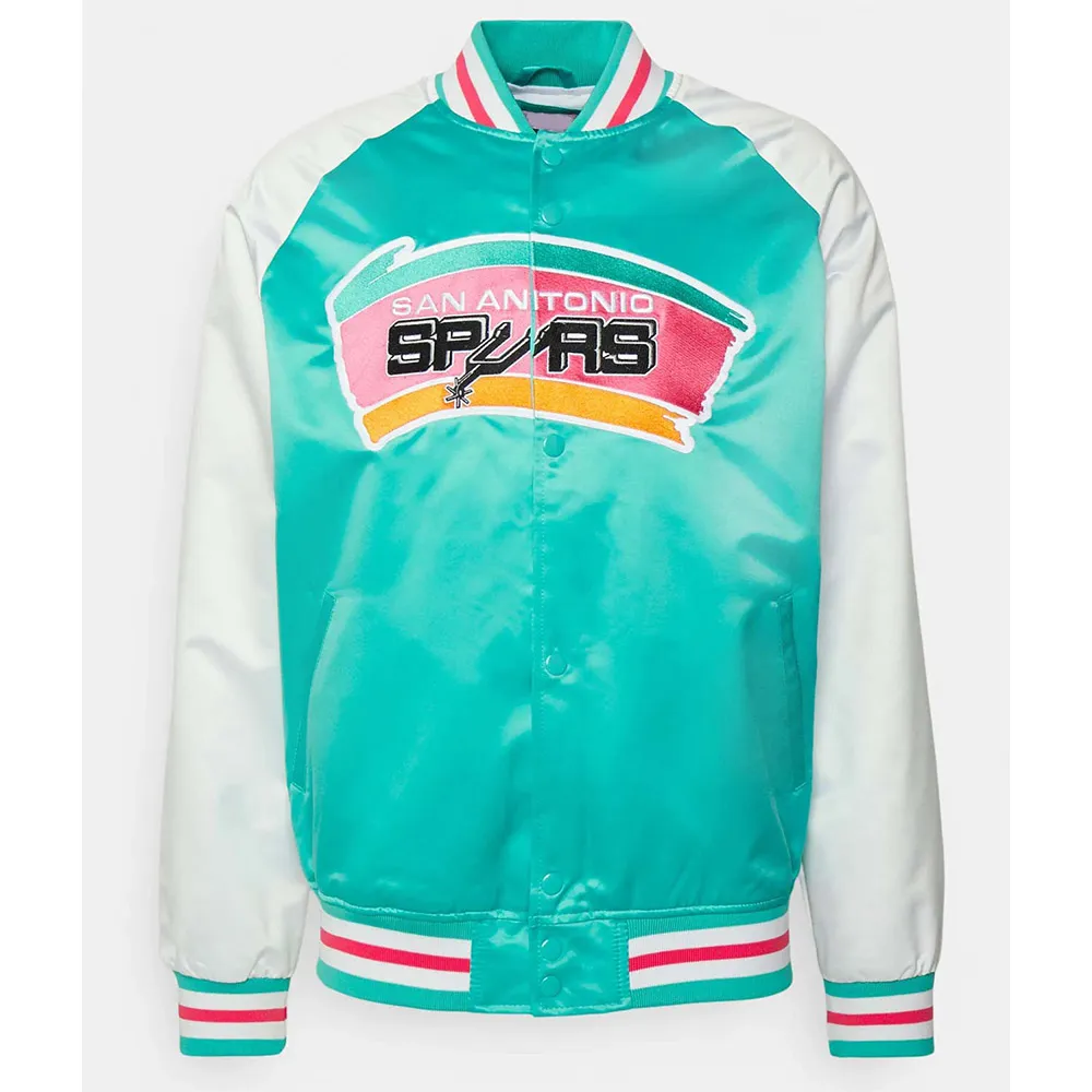 Prime Time Aqua/White San Antonio Spurs Varsity Satin Jacket 1 Prime Time Aqua/White San Antonio Spurs Varsity Satin Jacket - Modajacket