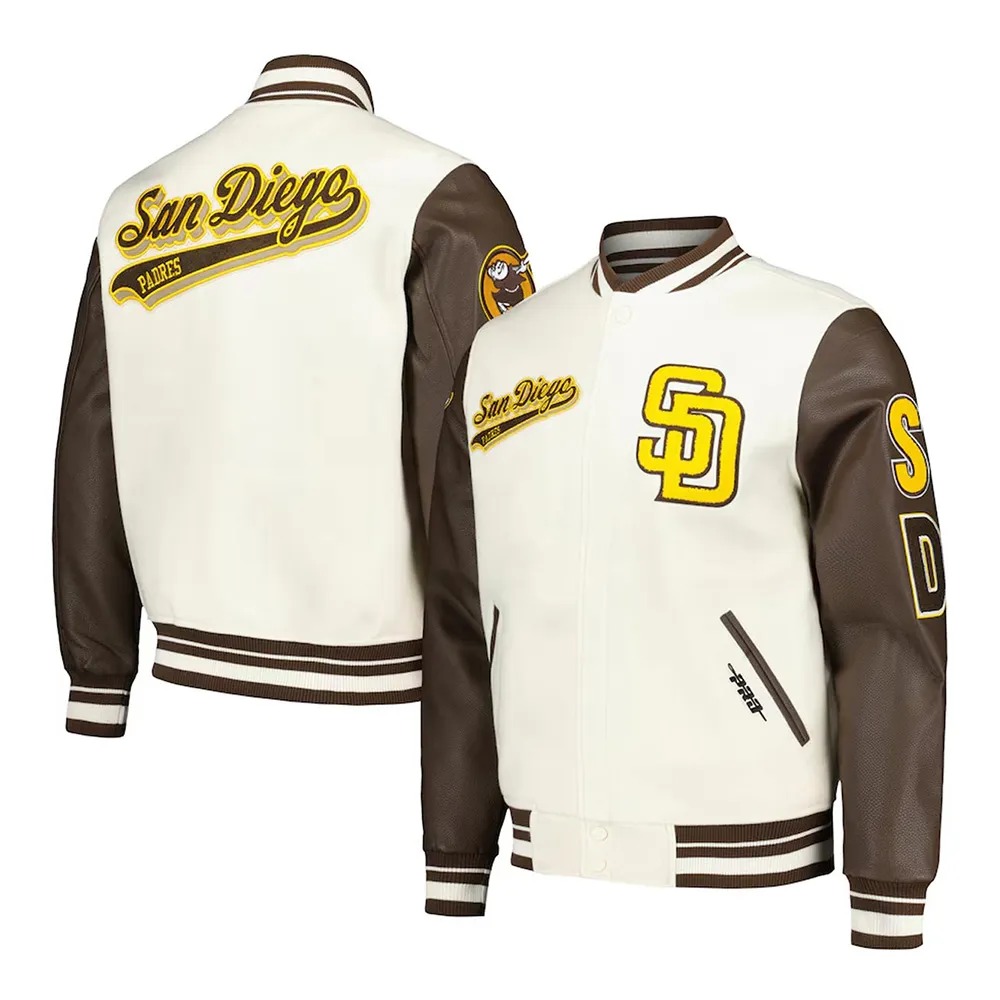 San Diego Padres Cream and Brown Script Varsity Jacket 3 San Diego Padres Cream and Brown Script Varsity Jacket