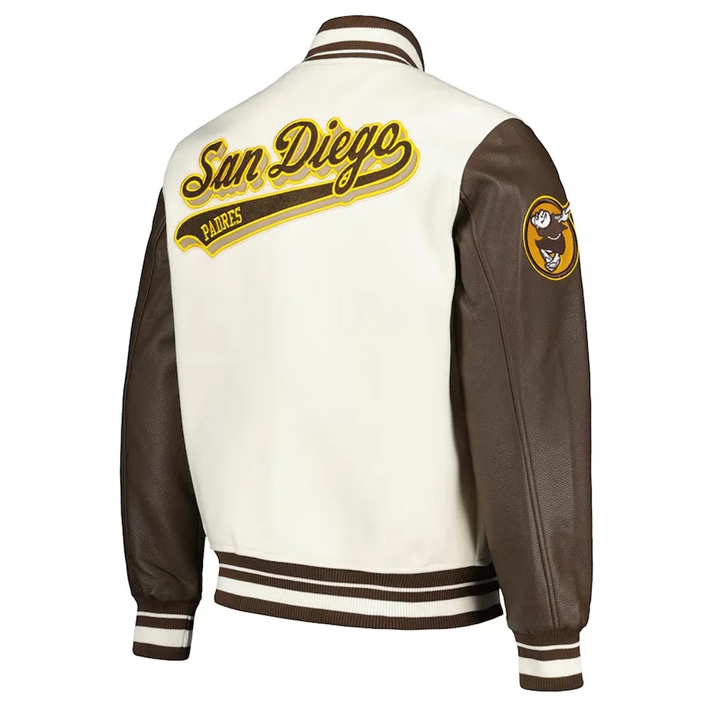 San Diego Padres Cream and Brown Script Varsity Jacket 2 San Diego Padres Cream and Brown Script Varsity Jacket