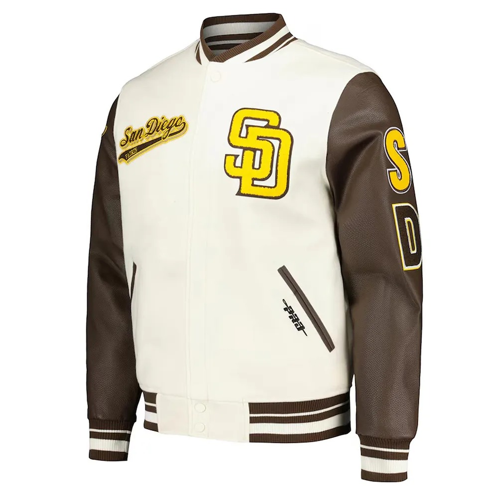 San Diego Padres Cream and Brown Script Varsity Jacket 1 San Diego Padres Cream and Brown Script Varsity Jacket - Modajacket