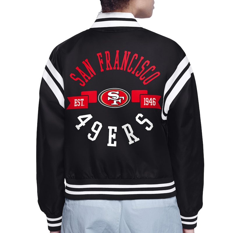 San Francisco 49ers Printed Logo Varsity Satin Jacket 3 San Francisco 49ers Printed Logo Varsity Satin Jacket