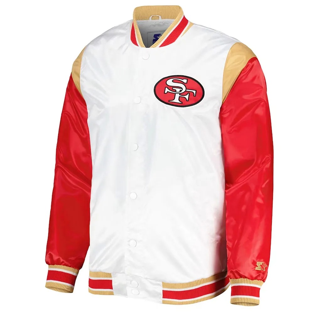 Throwback Warm Up Pitch San Francisco 49ers Varsity Satin Jacket 1 Throwback Warm Up Pitch San Francisco 49ers Varsity Satin Jacket - Modajacket