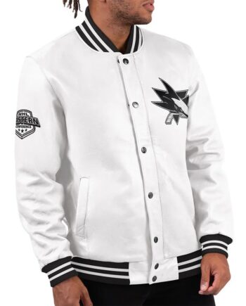 San Jose Sharks Black Ice Varsity White Leather Jacket - Modajacket