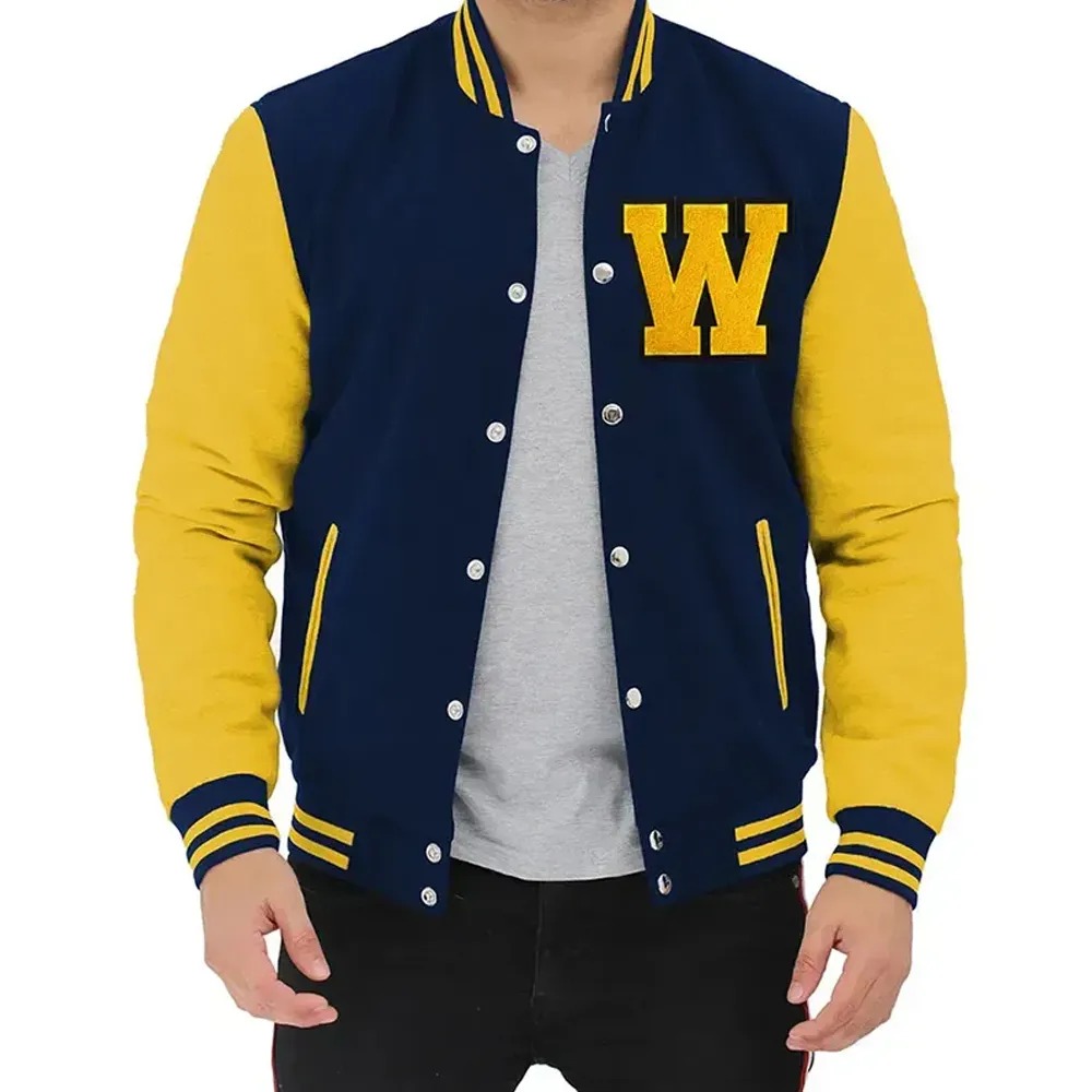 Scream Woodsboro Navy and Yellow Varsity Jacket 1 Scream Woodsboro Navy and Yellow Varsity Jacket - Modajacket