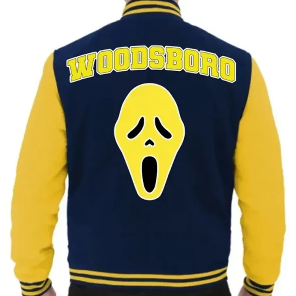 Scream Woodsboro Navy and Yellow Varsity Jacket 2 Scream Woodsboro Navy and Yellow Varsity Jacket