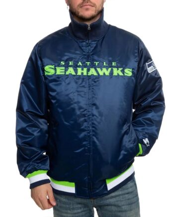 Seattle Seahawks Neon Embroidery Varsity Navy Satin Jacket - Modajacket