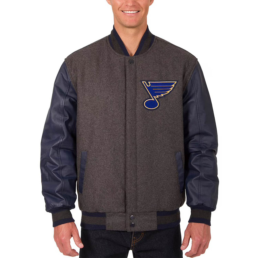 Charcoal and Navy St. Louis Blues Varsity Jacket 1 Charcoal and Navy St. Louis Blues Varsity Jacket - Modajacket