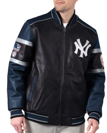 NY Yankees Black and Navy Varsity Leather Jacket - Modajacket