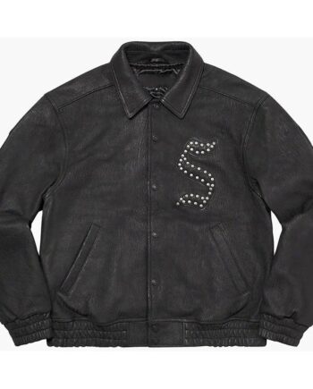 Supreme Pebbled Varsity Black Leather Jacket - Modajacket