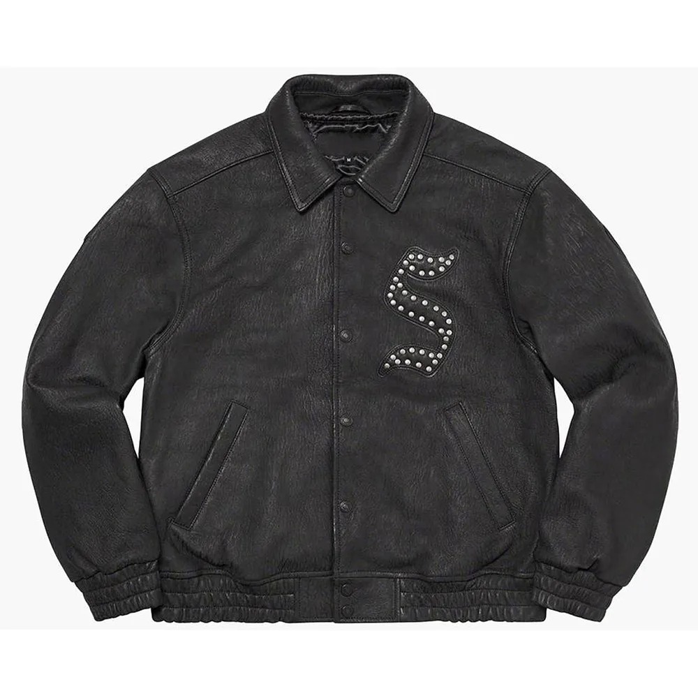 Supreme Pebbled Varsity Black Leather Jacket 1 Supreme Pebbled Varsity Black Leather Jacket - Modajacket