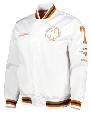 City Collection Texas Longhorns White Satin Varsity Jacket - Modajacket