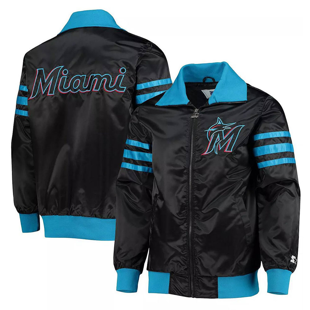 Miami Marlins The Captain II Black Varsity Satin Jacket 3 Miami Marlins The Captain II Black Varsity Satin Jacket