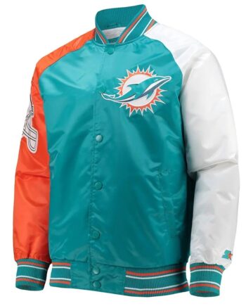 Miami Dolphins The Reliever Aqua Varsity Satin Jacket - Modajacket