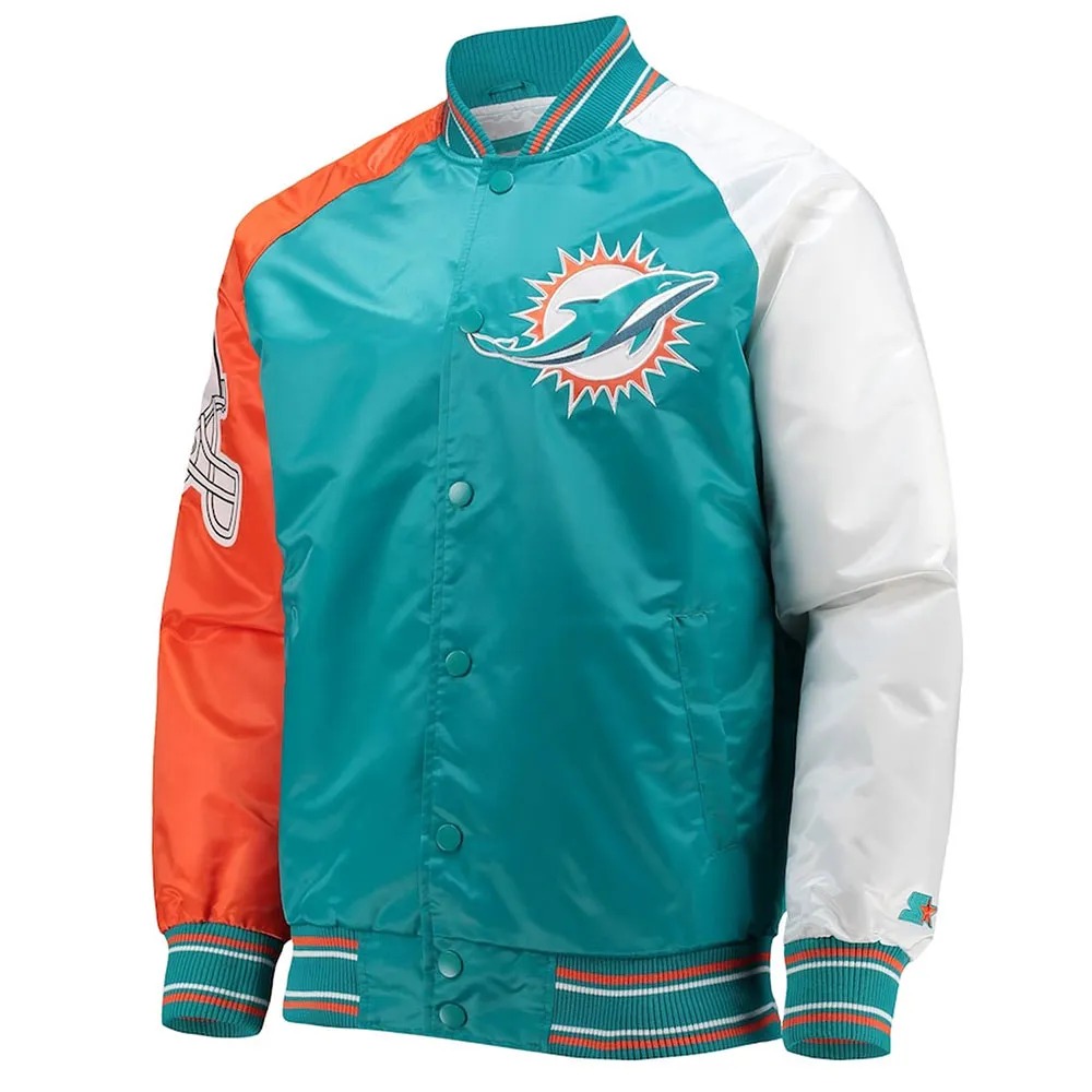 Miami Dolphins The Reliever Aqua Varsity Satin Jacket 1 Miami Dolphins The Reliever Aqua Varsity Satin Jacket - Modajacket