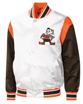 Cleveland Browns Throwback Pitch Varsity White and Brown Satin Jacket - Modajacket