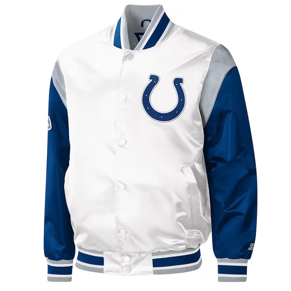 Indianapolis Colts Throwback White Satin Varsity Jacket 1 Indianapolis Colts Throwback White Satin Varsity Jacket - Modajacket