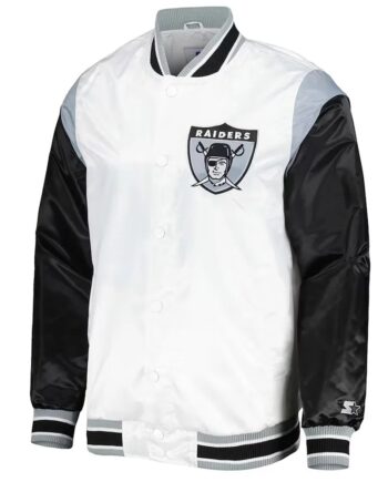 Las Vegas Raiders Throwback Warm Up Pitch White Varsity Satin Jacket - Modajacket