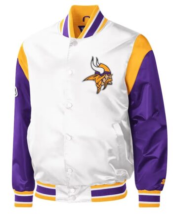 Minnesota Vikings Throwback Warm Up Pitch Varsity White/Purple Satin Jacket - Modajacket