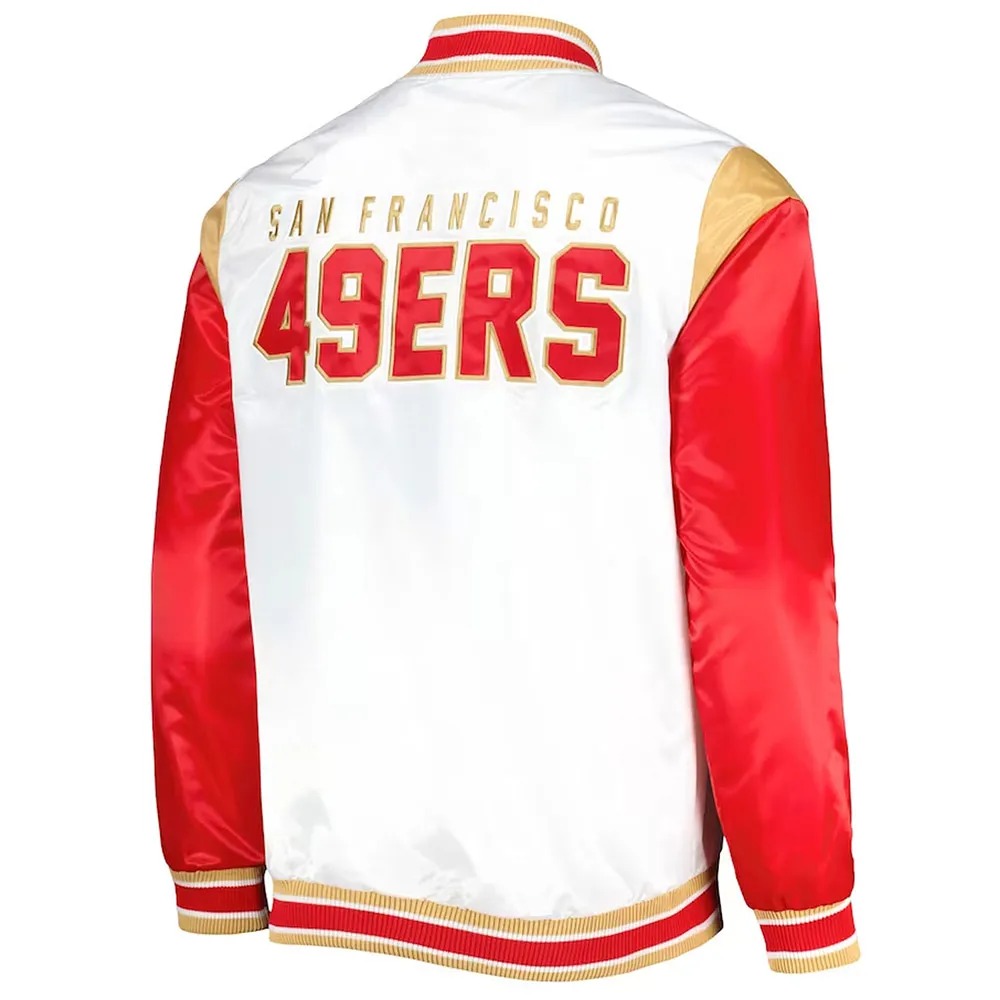Throwback Warm Up Pitch San Francisco 49ers Varsity Satin Jacket 2 Throwback Warm Up Pitch San Francisco 49ers Varsity Satin Jacket