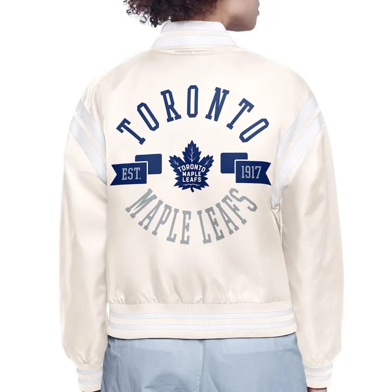 Toronto Maple Leafs Printed Logo Varsity Satin Jacket 2 Toronto Maple Leafs Printed Logo Varsity Satin Jacket