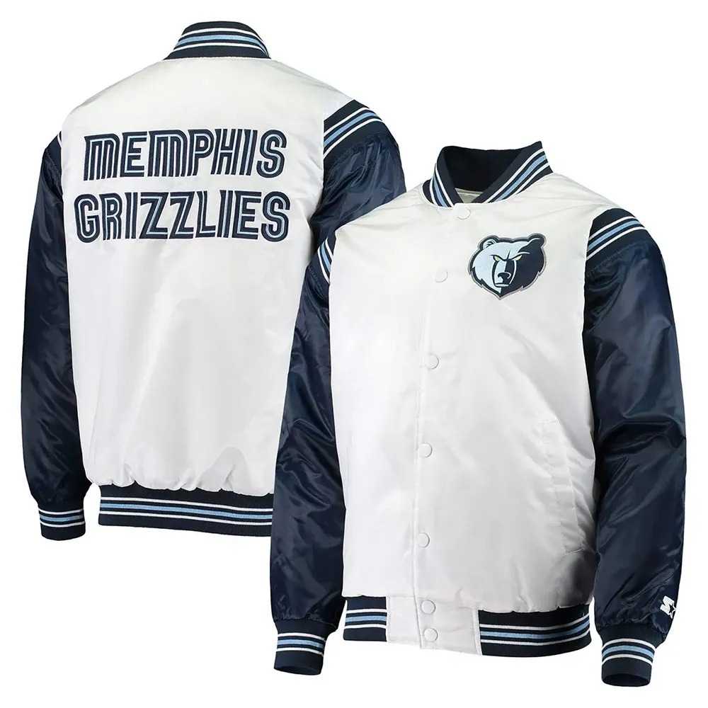Memphis Grizzlies Renegade White/Navy Varsity Satin Jacket 3 Memphis Grizzlies Renegade White/Navy Varsity Satin Jacket
