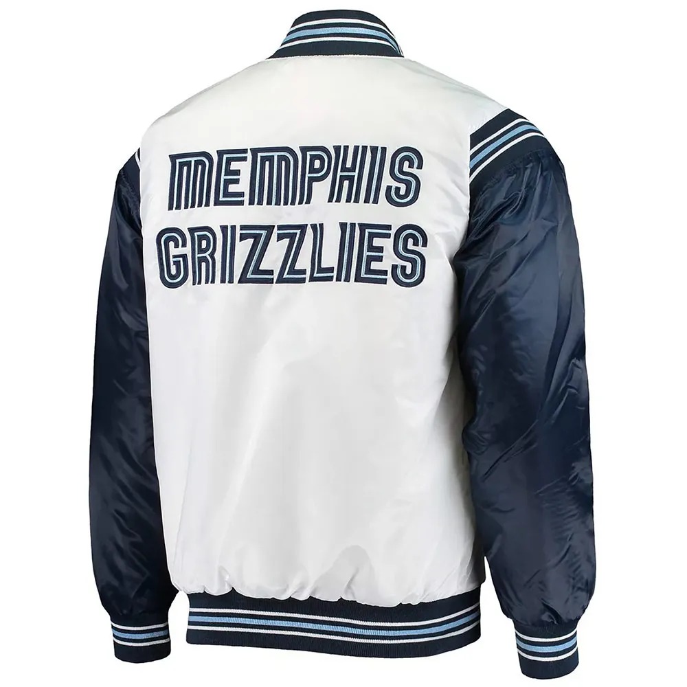 Memphis Grizzlies Renegade White/Navy Varsity Satin Jacket 2 Memphis Grizzlies Renegade White/Navy Varsity Satin Jacket
