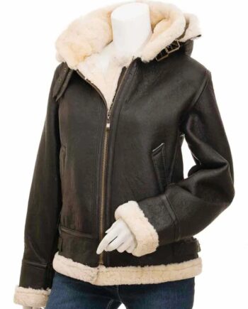 Women Shearling Buckle Collar Brown Leather Jacket with Hood - Modajacket