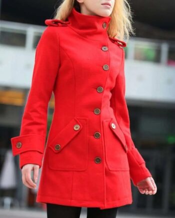 Women Fitted Military Style Red Wool Coat - Modajacket