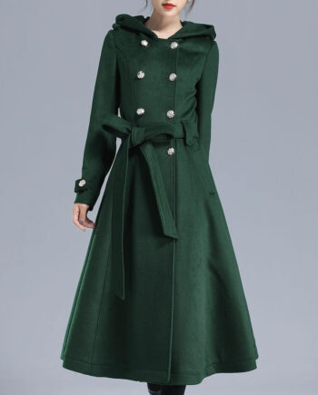 Women Double Breasted Green Wool Trench Coat - Modajacket