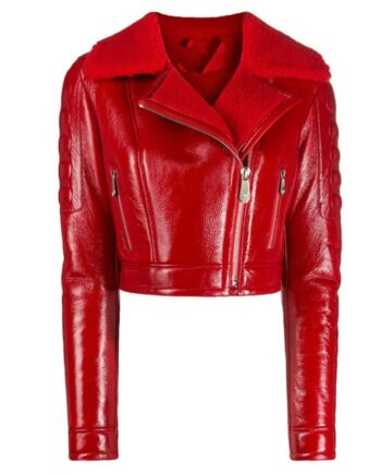 Women Asymmetrical Lainey Red Shearling Leather Jacket - Modajacket