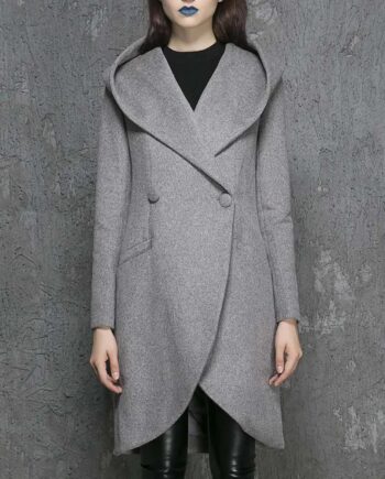 Women Asymmetrical Mid-Length Wool Coat with Hood - Modajacket