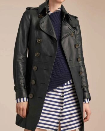 Women Mid-Length Double Breasted Black Leather Coat - Modajacket