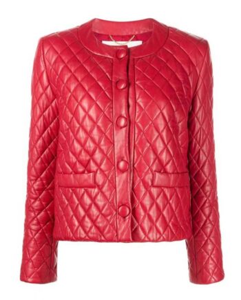 Women Collarless Quilted Red Leather Jacket - Modajacket