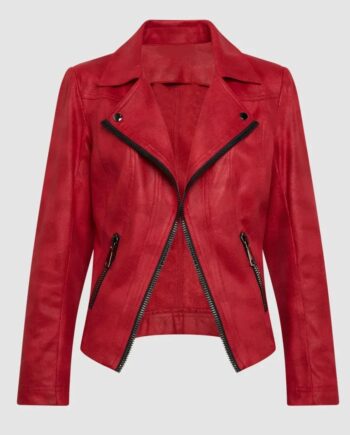 Women Vex Zipper Trim Red Leather Jacket - Modajacket