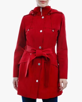 Womens Zip Front Belted Hooded Coat - Modajacket