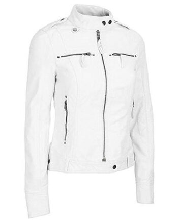 White Zipper Pockets Leather Jacket - Modajacket