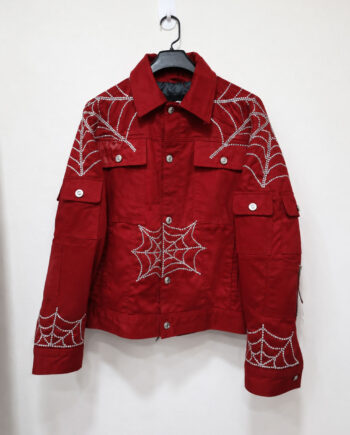 Sp5der Worldwide Rhinestone Denim Trucker Jacket Red