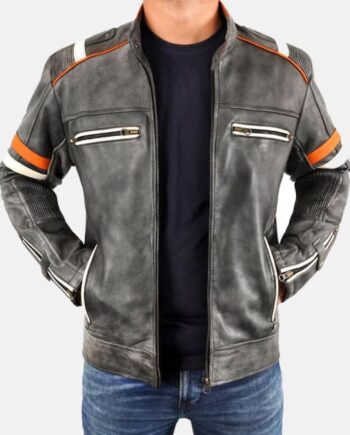 Men’s Cafe Racer Leather Motorcycle Jacket with Orange Stripes