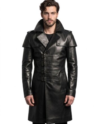 Men's Genuine Leather Steampunk Long Hooded Gothic Coat