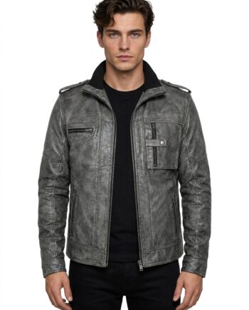 Men’s Gray Distressed Leather Military Jacket