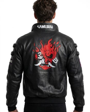 Black Cyber Samurai Gaming Cosplay Real Leather Bomber Jacket
