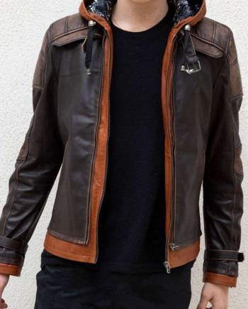 Men’s Brown Hood Leather Jacket with Red Trim