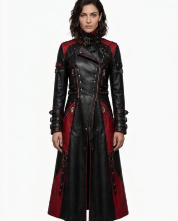 Women’s Gothic Leather Trench Coat with Red Panels & Buckles