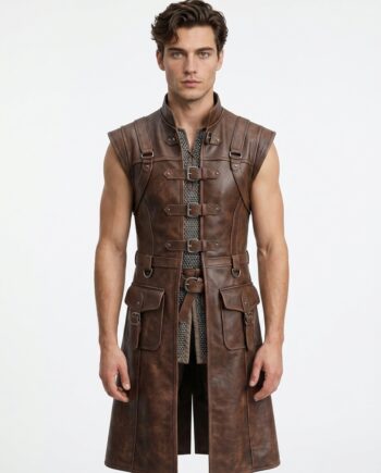 Men’s Brown Leather Medieval Warrior Tunic Armor Coat