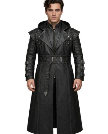 Men’s Black Leather Hooded Trench Coat Gothic Steampunk Overcoat