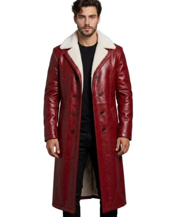 Men's Red Leather Long Coat with Shearling Collar