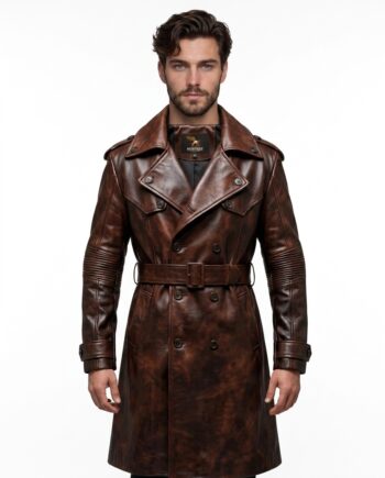Men's Brown Genuine Leather Quilted Trench Coat with Belt