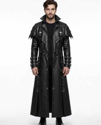 Men's Gothic Leather Trench Coat with Skull Shoulders