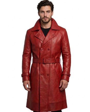 Men's Red Genuine Cow Leather Trench Coat