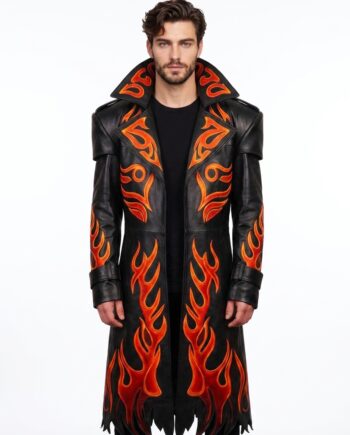 Men's Flame Applique Sheep Leather Trench Coat